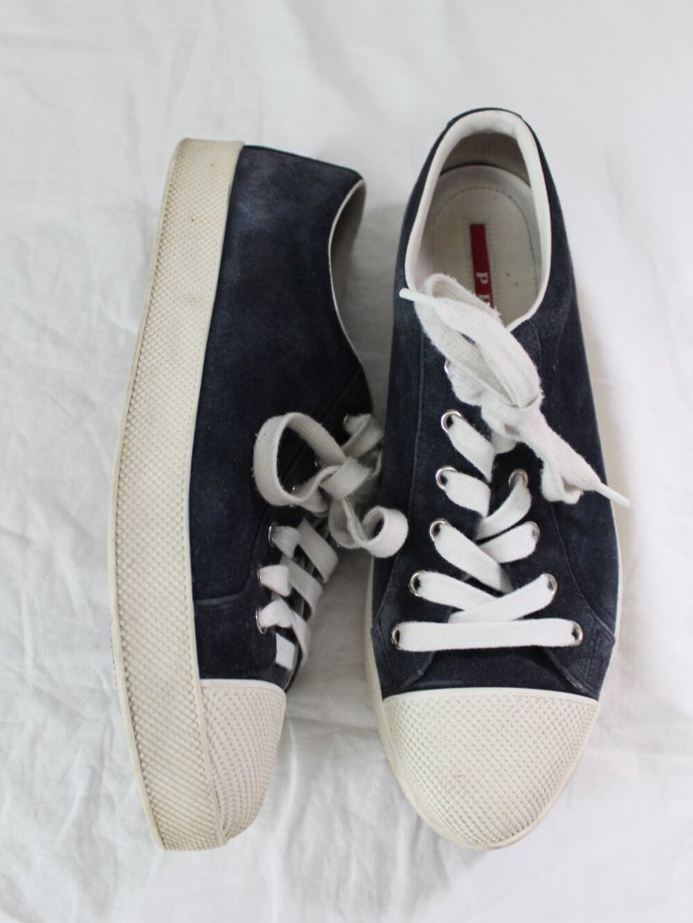 PRADA Navy Blue Suede Leather Lace Up Sneakers Logo Heels Flats 39.5